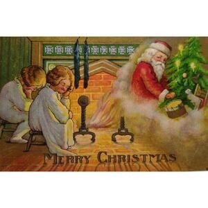 Christmas Postcard Santa Claus Fireplace Stockings Children Toy 941 Robbins 1907